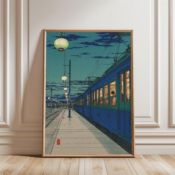 Blue Japanese Train Station Vintage Night Railway Illustration Wall Art, Unframed Canvas 8x10in