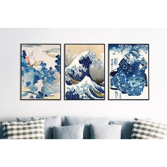 Blue Japanese Wave Style Wall Art Set 3 Stretched Canvas 16x24