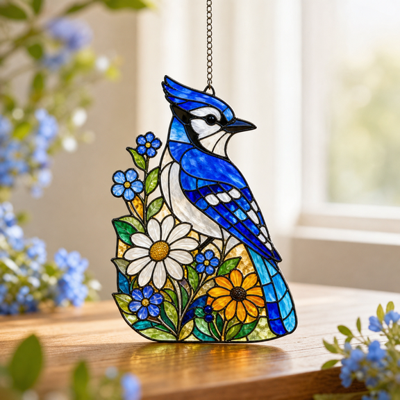 Blue Jay Acrylic Suncatcher Window Hanging, Floral Bird Gift for Garden Lovers