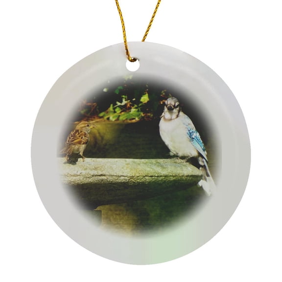 3drose, Blue Jay and Sparrow on Birdbath, Circle Porcelain Ornament