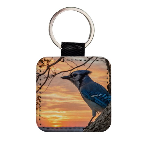 Blue Jay At Sunset Faux Leather Square Keychain