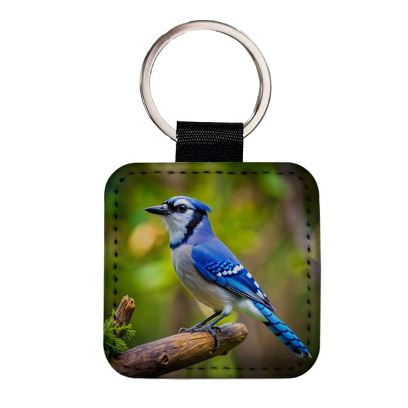 Blue Jay Backyard Bird Faux Leather Square Keychain