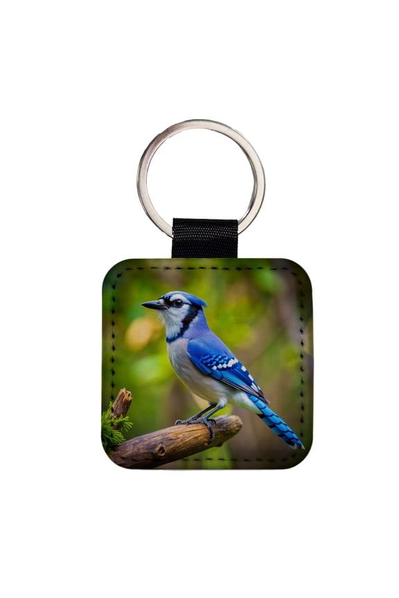 Blue Jay Backyard Bird Faux Leather Square Keychain