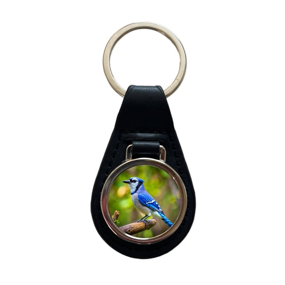 Blue Jay Backyard Bird Metal Black Leather Keychain