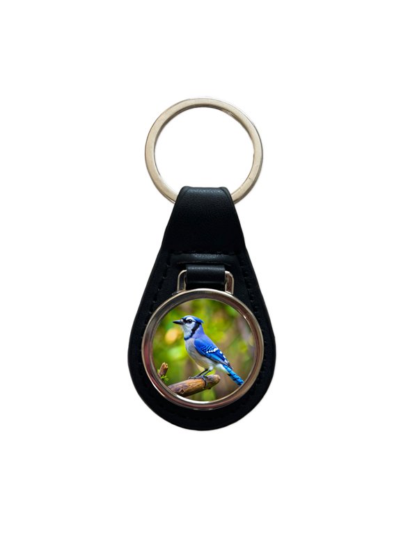 Blue Jay Backyard Bird Metal Black Leather Keychain