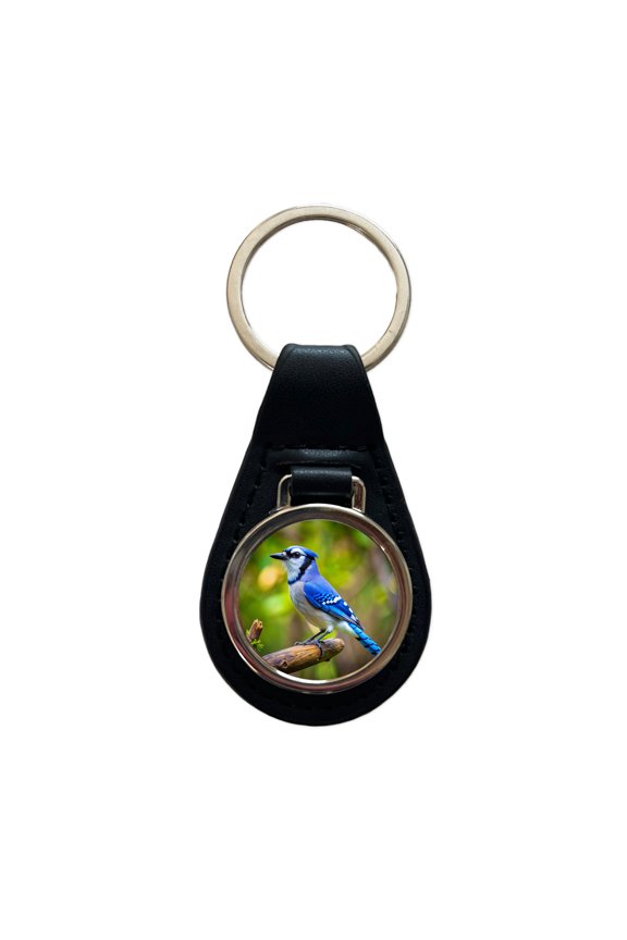 Blue Jay Backyard Bird Metal Black Leather Keychain
