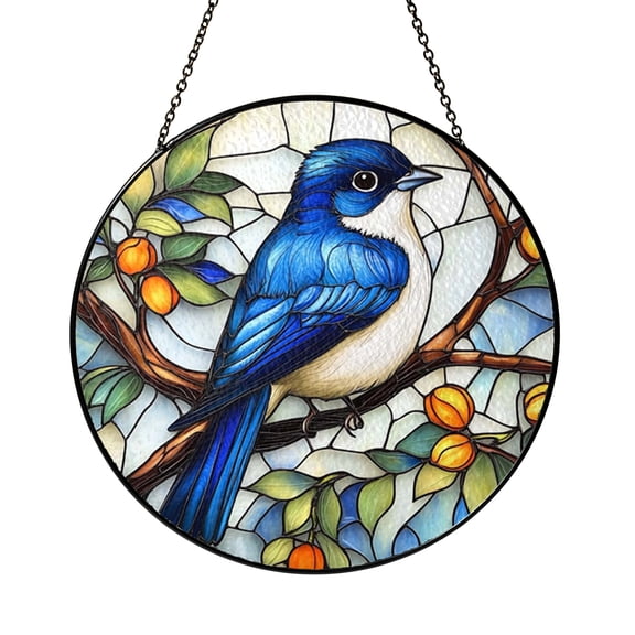 Blue Jay Bird Ceramic Ornament with Stained Glass Style, Colorful Tree Hanging, Winter Nature Keepsake