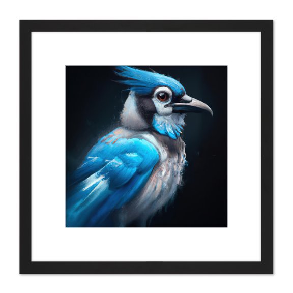 Blue Jay Bird Chalk on Black Paper Illustration Square Wooden Framed Wall Art Print Picture 8X8 Inch