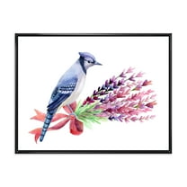 Blue Jay Bird On Bouquet Of Pink Flowers 20 in x 12 in Framed Painting Canvas Art Print, by Designart