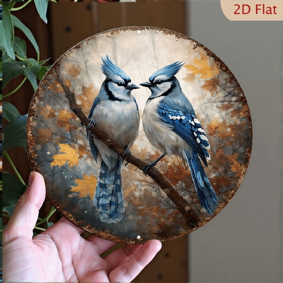 Blue Jay Bird Round Aluminum Wall Art, 8x8 Inch Rustic Autumn Forest Metal Decorative Hanging Sign for Home Living Room Decor