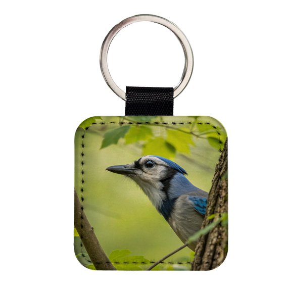 Blue Jay Bird Wildlife Faux Leather Square Keychain
