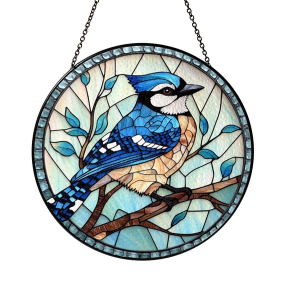 Blue Jay Bird Window Hanging – Round Decorative Stained Glass Style