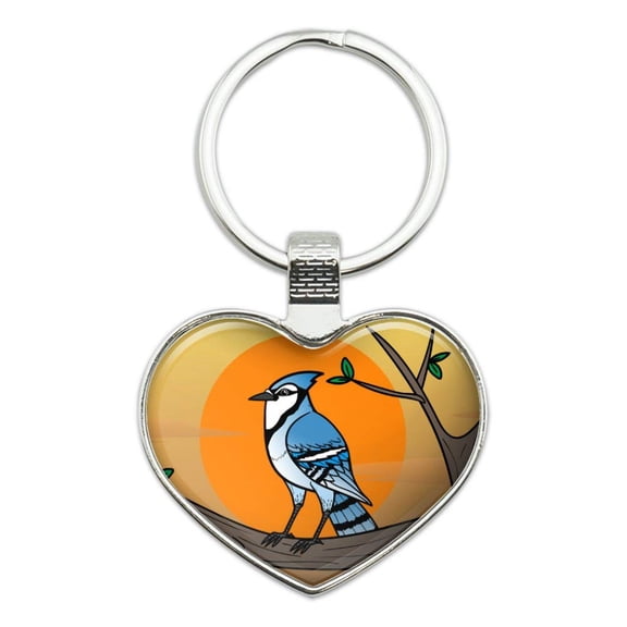 Blue Jay Bird on Branch Keychain Heart Love Metal Key Chain Ring