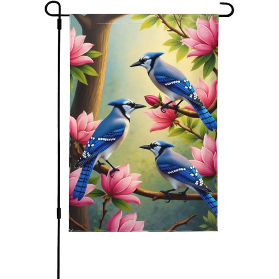 Blue Jay Birds And Pink Magnolia Garden Flag 12x18 Inch Double SidedSpring Summer Welcome Yard FlagDecorative Outdoor House Flag For Garden Decor