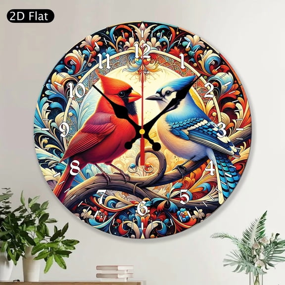 Blue Jay Cardinal Bird Round Wall Clock MDF Wood Decorative Home Decor Art for Living Room Bedroom Office Kitchen Unique Gift