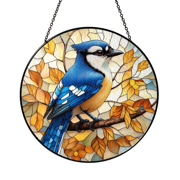 Blue Jay Ceramic Suncatcher – Stained Glass Style Bird Window Decor