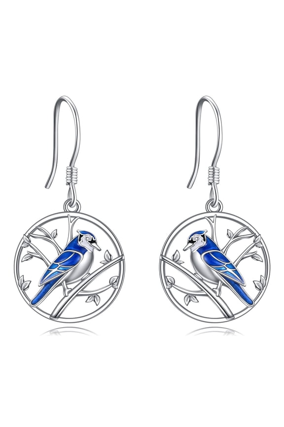 Blue Jay Cross Earrings 925 Sterling Silver Dangle Drop Earrings Blue Bird Jewelry for Women Bird Lover Gifts