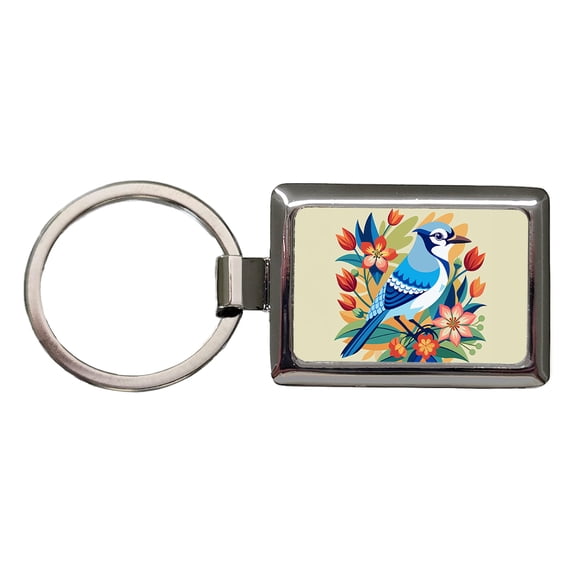 Blue Jay Floral Flowers Metal Rectangle Keychain