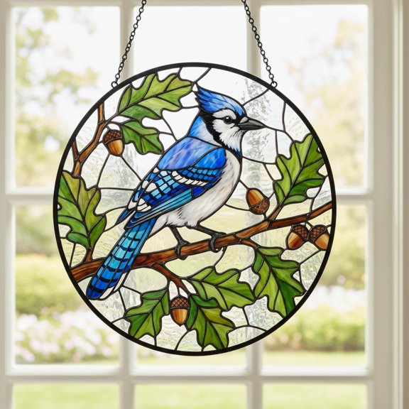 Blue Jay Glass Suncatcher, Oak Branch & Acorns Window Hanging, Bird Lover Decor, Mother's Day, for Mom, 3.5 in