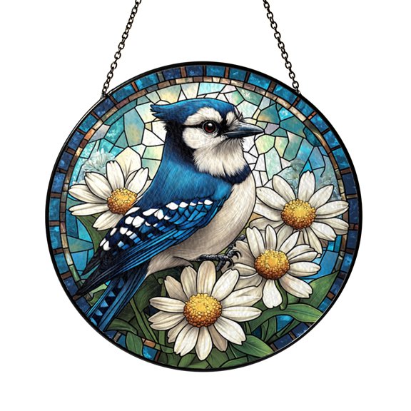 Blue Jay Glass Suncatcher Window Hanging, Vibrant Bird and Daisy Nature Art Decor Gift