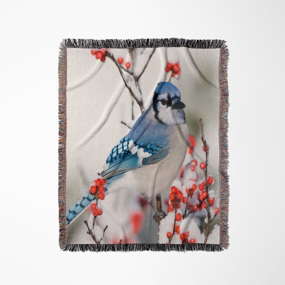 Blue Jay In Common Winterberry, In Winter, Marion Co. Il, Woven Blanket