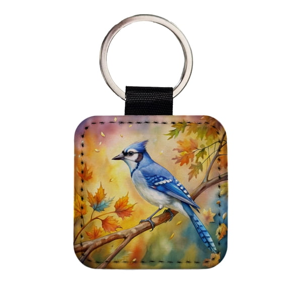 Blue Jay In Tree Watercolor Faux Leather Square Keychain