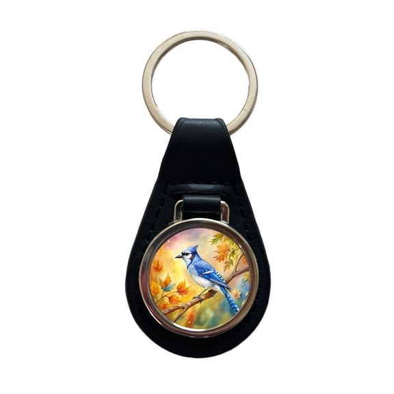 Blue Jay In Tree Watercolor Metal Black Leather Keychain