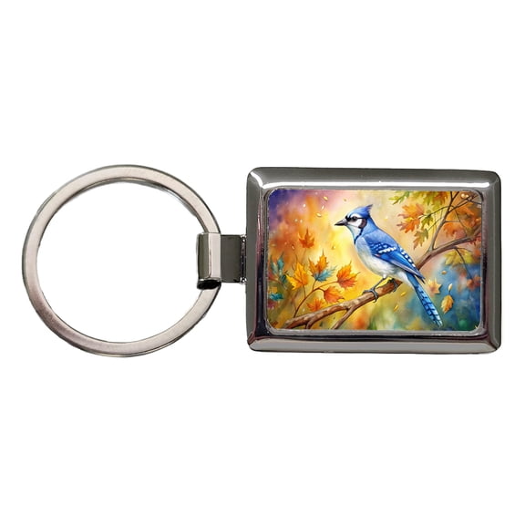 Blue Jay In Tree Watercolor Metal Rectangle Keychain