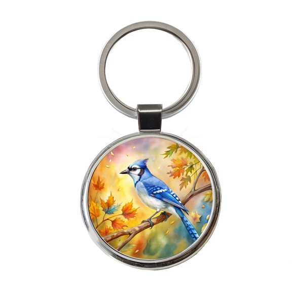 Blue Jay In Tree Watercolor Metal Round Keychain