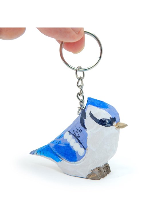 Blue Jay Keychain Ring Hook Clip Crested Jaybird Bird Charm Miniature Wood Mini Figurine Small Animal