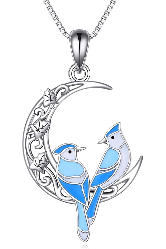 Blue Jay Necklace 925 Sterling Silver Blue Jay Moon Pendant Necklace Blue Bird Jewelry Gifts for Women Bird Lover