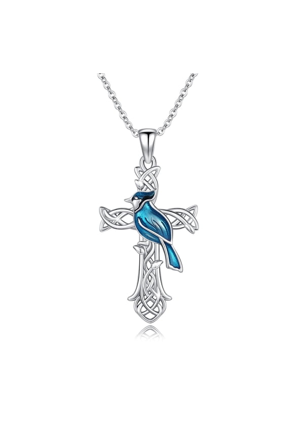 Blue Jay Necklace 925 Sterling Silver Cross Bird Necklace for Women Faith Necklace Blue Bird Jewelry Gift for Her Birthday Anniversary