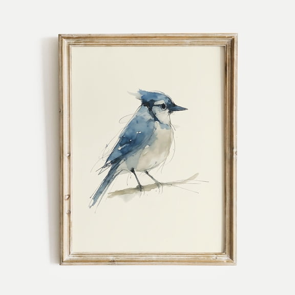 Blue Jay Poster Print, Songbird Wall Art, Ink & Wash Nature Decor, Spring Floral Bird Gift for Home and Office, Print Only, Poster Only