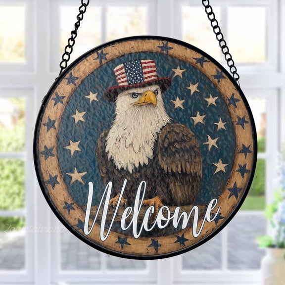 Bald Eagle Stained Glass Suncatcher Metal Outdoor Decor Americana Rustic Red White Blue