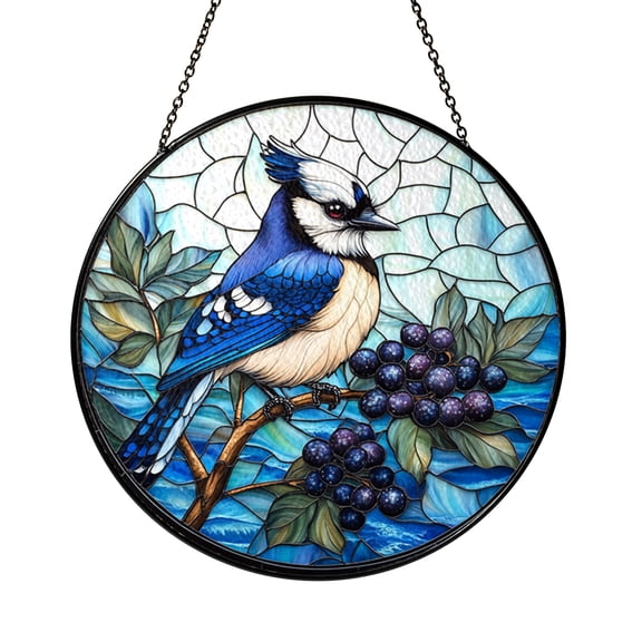 Blue Jay Stained Glass Round Window Panel, Nature Inspired Home Decor
