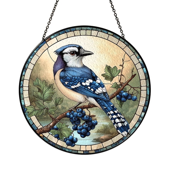 Blue Jay Stained Glass Style Panel – Nature Bird Window Decor
