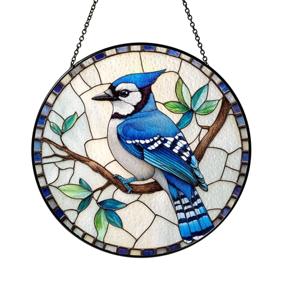 Blue Jay Stained Glass Suncatcher Colorful Bird Window Hanging Nature Inspired Home Decor