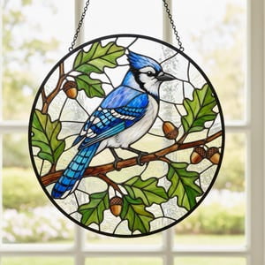 Blue Jay Stained Glass Suncatcher, Oak Branch & Acorns Window Hanging, Bird Lover Decor, Mother's Day Gift, Gift for Mom, 7.9 in
