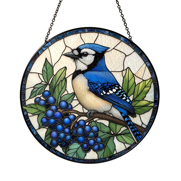 Blue Jay Stained Glass Window Hanging, Bird Suncatcher Decor