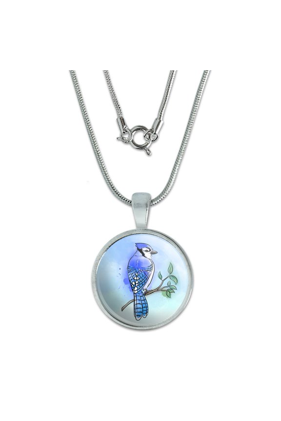 Blue Jay Watercolor Northeastern Bird 0.75" Pendant with Sterling Silver Plated Chain