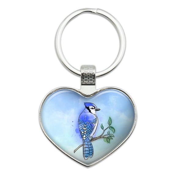 Blue Jay Watercolor Northeastern Bird Keychain Heart Love Metal Key Chain Ring