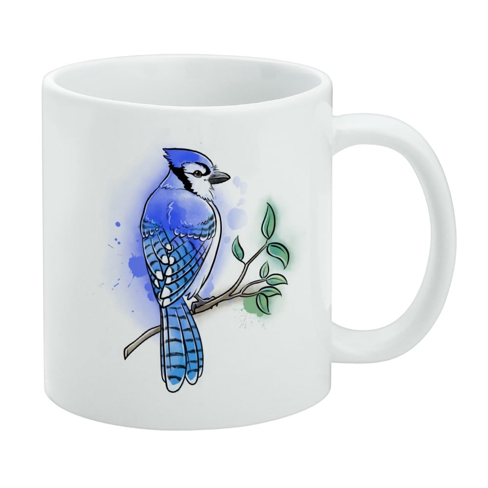 Mug Blanc Décoré D'un Geai Bleu (Blue Jay) Aquarelle - Design Nord-Est - Dimensions 10x10x10 Cm - Neuf