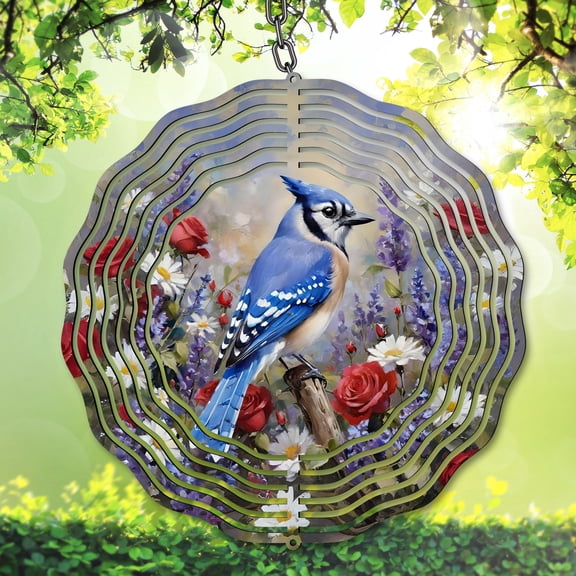 Blue Jay Wind Spinner Floral Garden Wildflower Spring Bird Outdoor Yard Decor Garden Gift