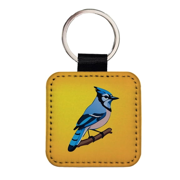 Blue Jay on Branch Faux Leather Square Keychain