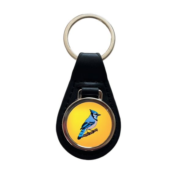 Blue Jay on Branch Metal Black Leather Keychain