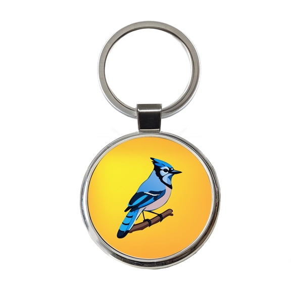 Blue Jay on Branch Metal Round Keychain