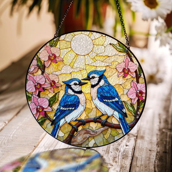 Blue Jays on Branch Glass Suncatcher v5, Round Bird Window Art, Mother's Day, 3.5 in