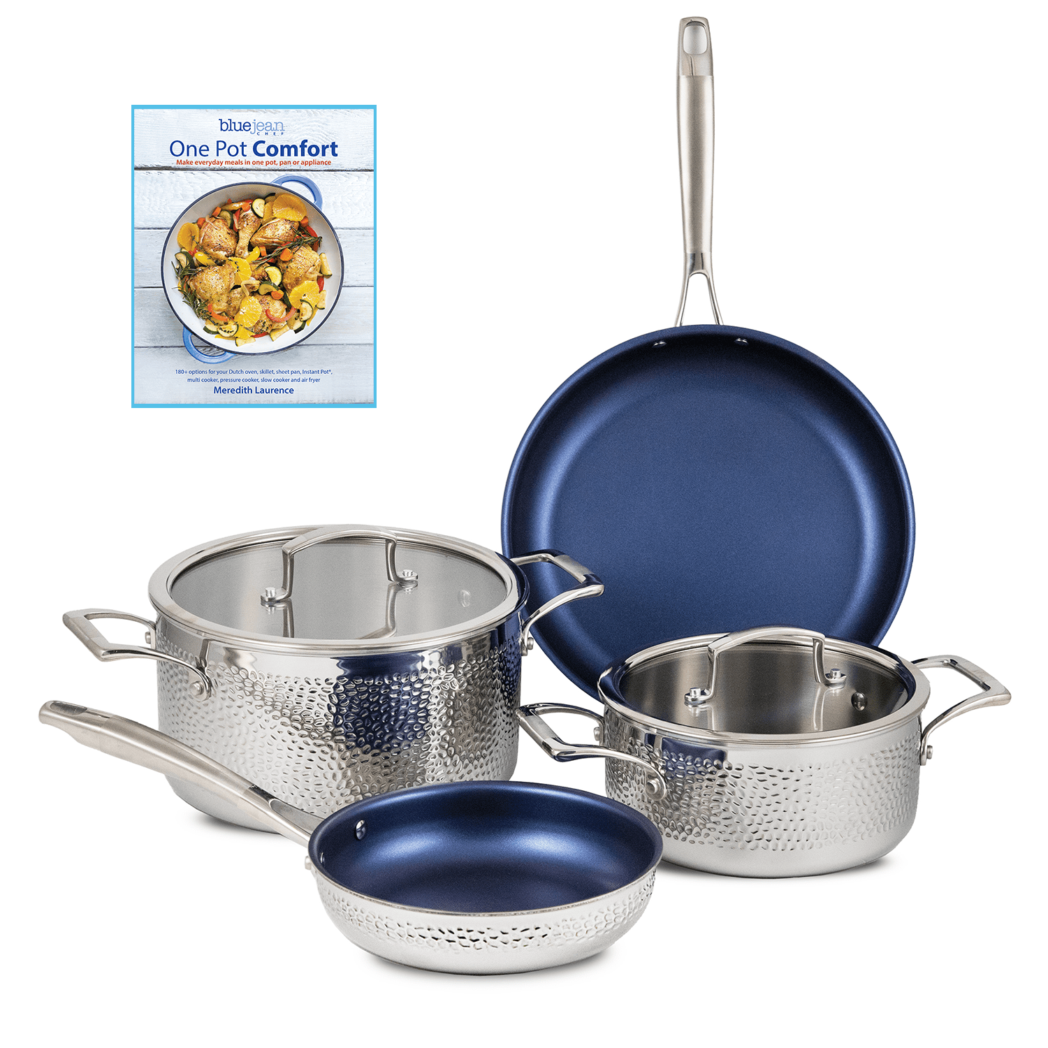 6-Piece Hammered Stainless Steel Non-Stick Cookware Set with Blue Interior