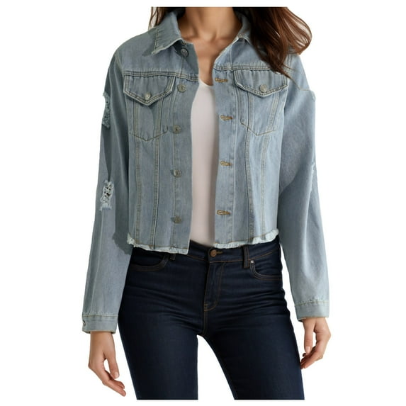 Blue Jean Jackets Women Womens Cropped Denim Jacket Casual Loose Ripped Long Sleeve Denim Jacket Jean Jacket Blue M