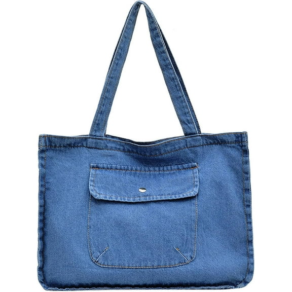 Blue Jean Purses for Women,Soft Large Capacity Denim Tote Bag,Top Zipper Closure,Lightweight Handbag for Work Travel beach